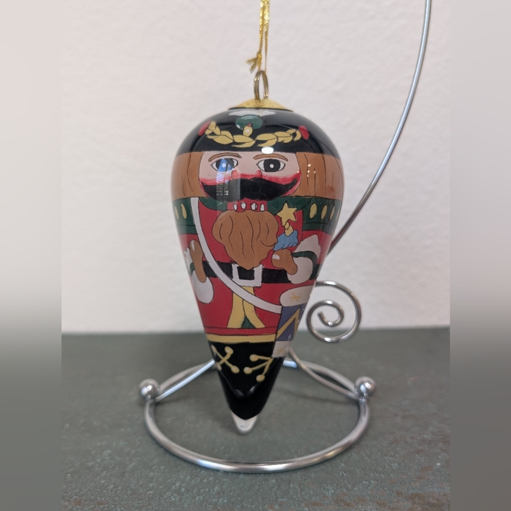 JC Penney Reverse Painted Nutcracker Ornament Hand Blown Glass Teardrop Xmas